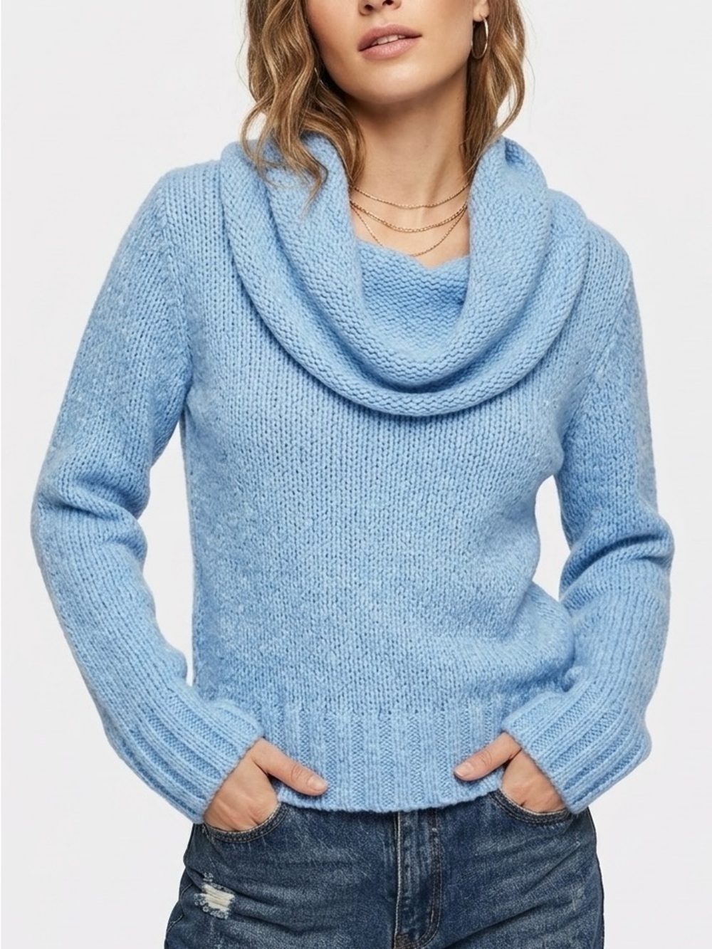 by Anthropologie Cowl Neck Blue Wool Cashmere Sweater Shrunk Fits XXS Boho
